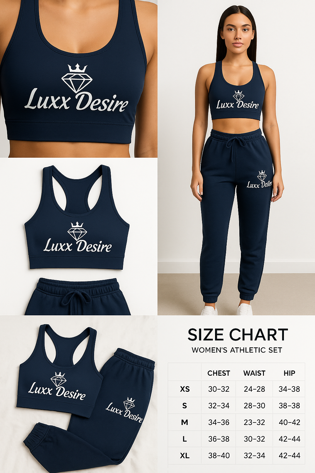 Luxx Desire Women’s Athletic Set – Navy (Sports Bra + High-Waisted Joggers)