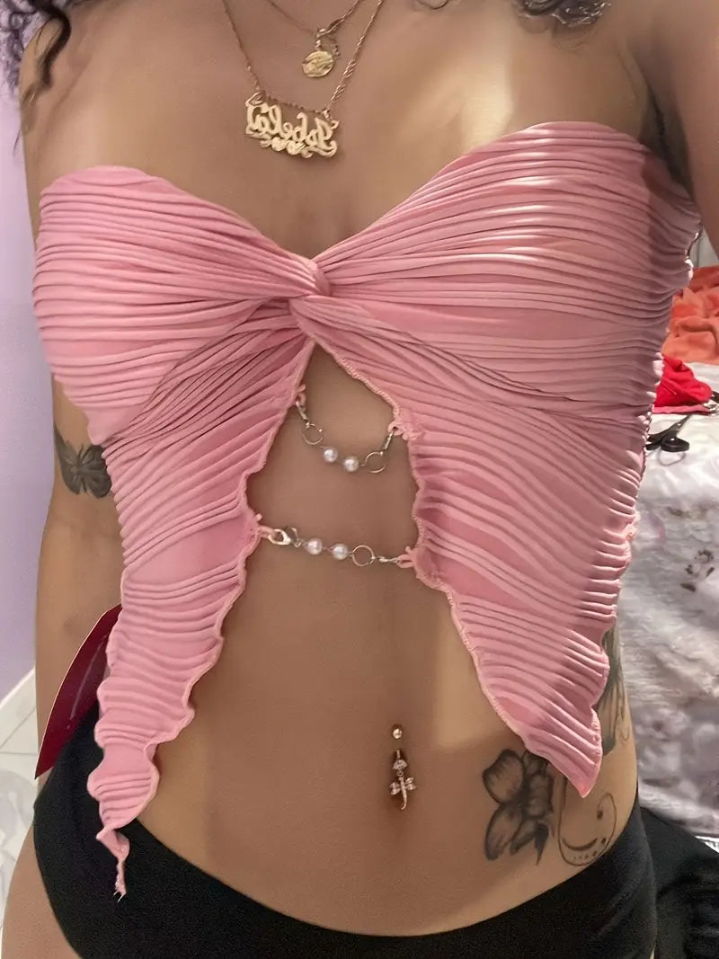 Black Strapless Tube Top with Chain Detail