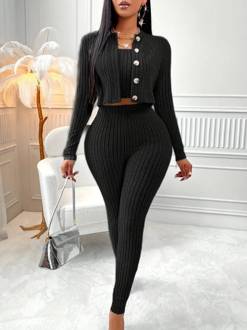 Button-Up Jacket, Crop Top & Skinny Pants