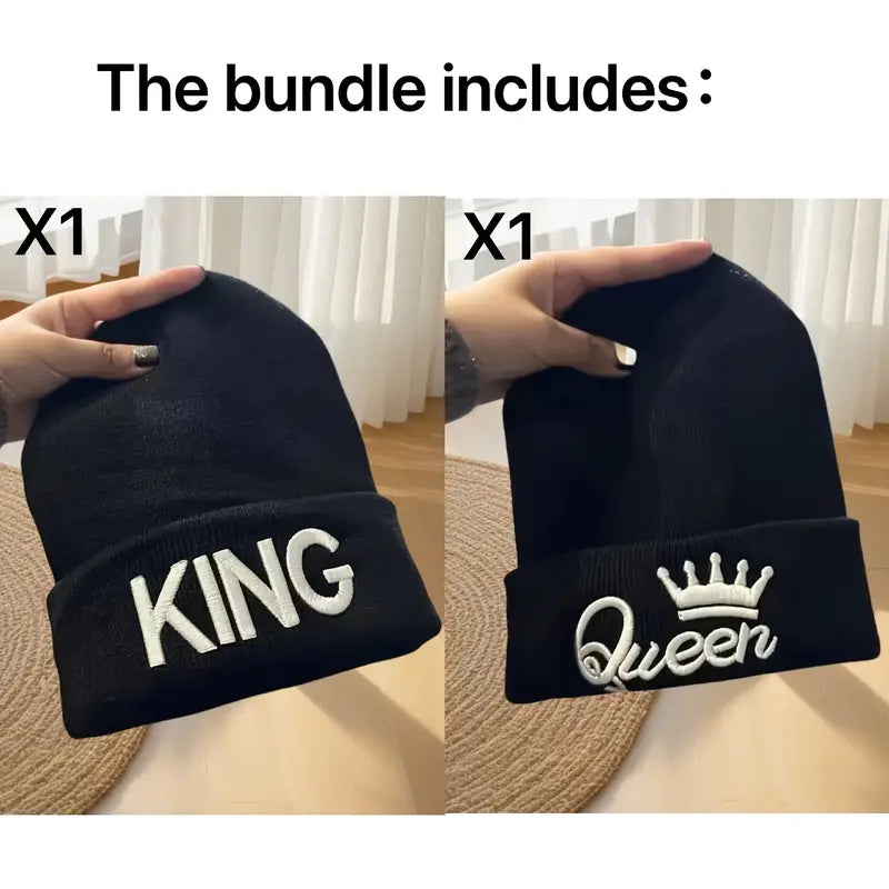 2pcs KING & QUEEN Embroidered Knit Beanies