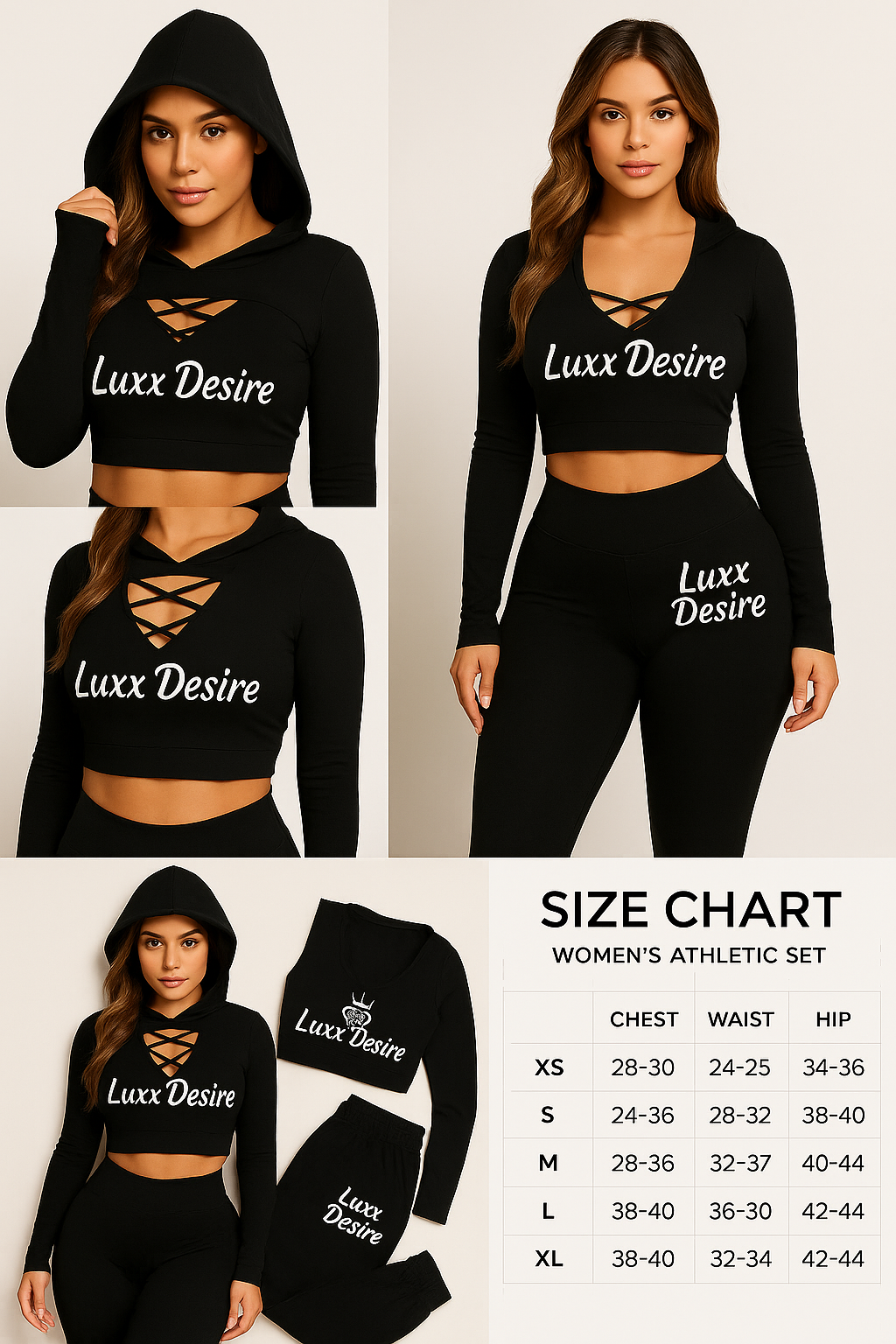 Luxx Desire Women’s Black Cut-Out Hooded Scrunch Legging Set