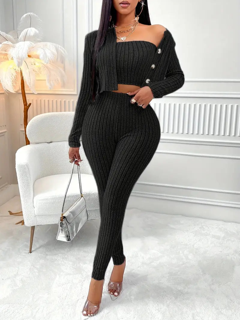 Button-Up Jacket, Crop Top & Skinny Pants