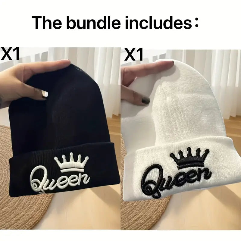 2pcs KING & QUEEN Embroidered Knit Beanies