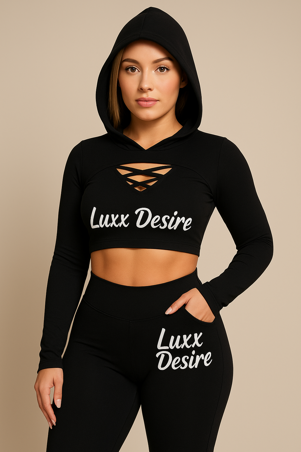 Luxx Desire Women’s Black Cut-Out Hooded Scrunch Legging Set