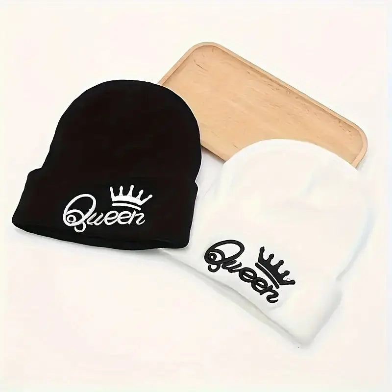 2pcs KING & QUEEN Embroidered Knit Beanies