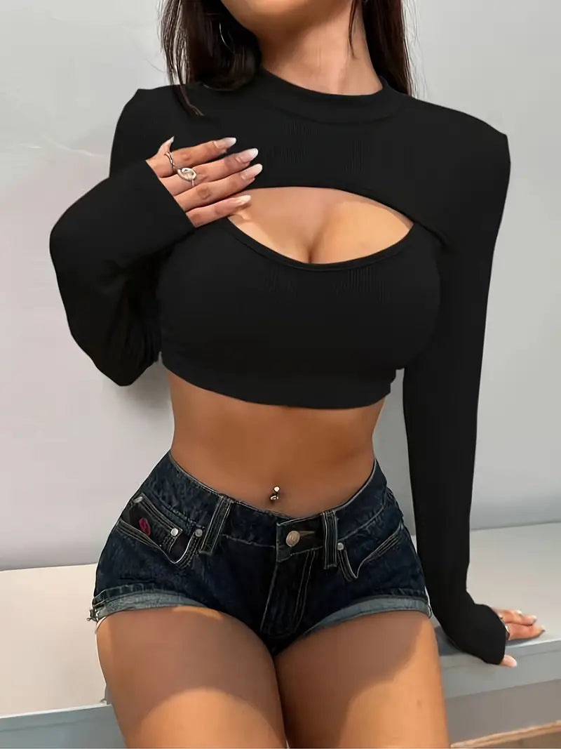 Cut Out Crew Neck Crop Top