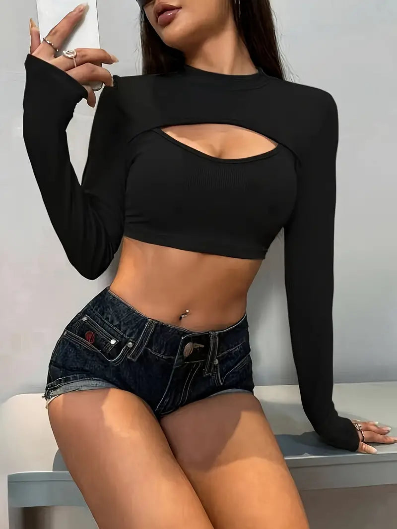 Cut Out Crew Neck Crop Top