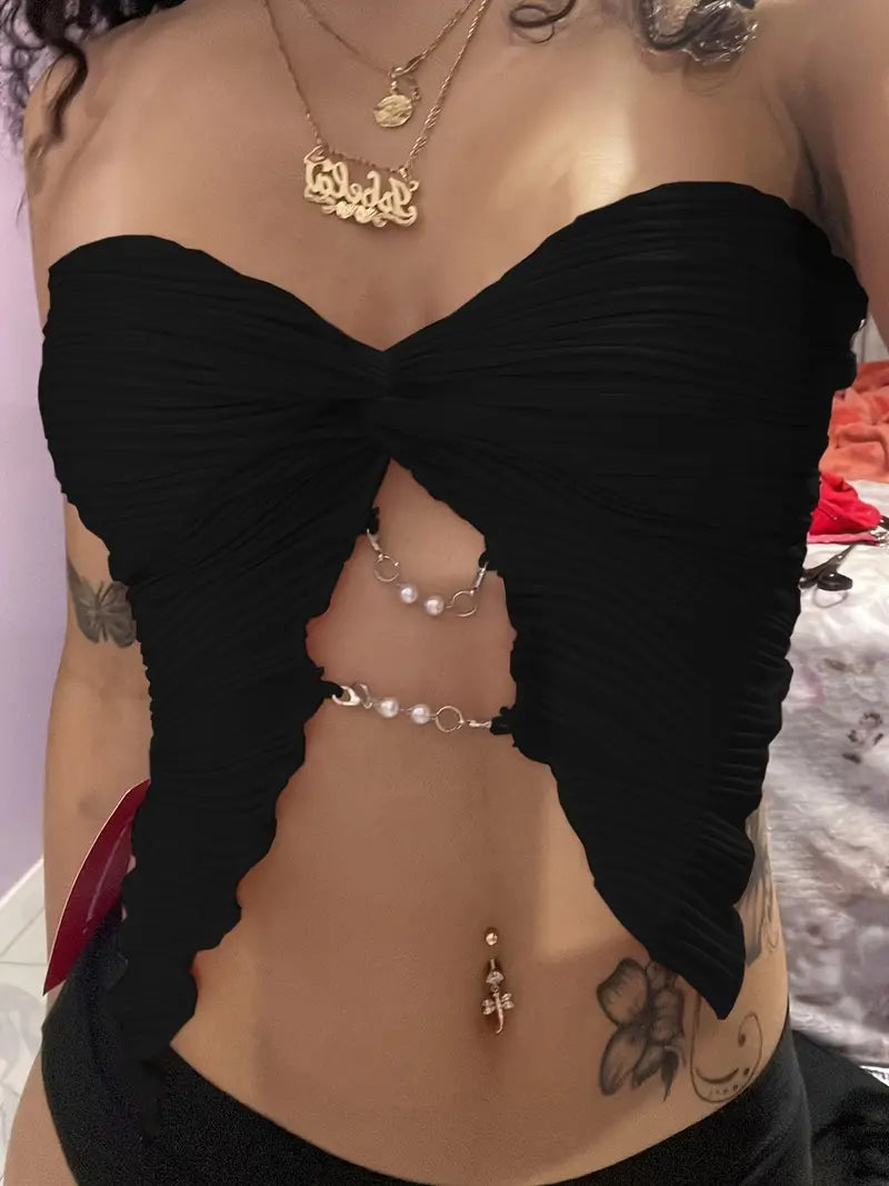 Black Strapless Tube Top with Chain Detail
