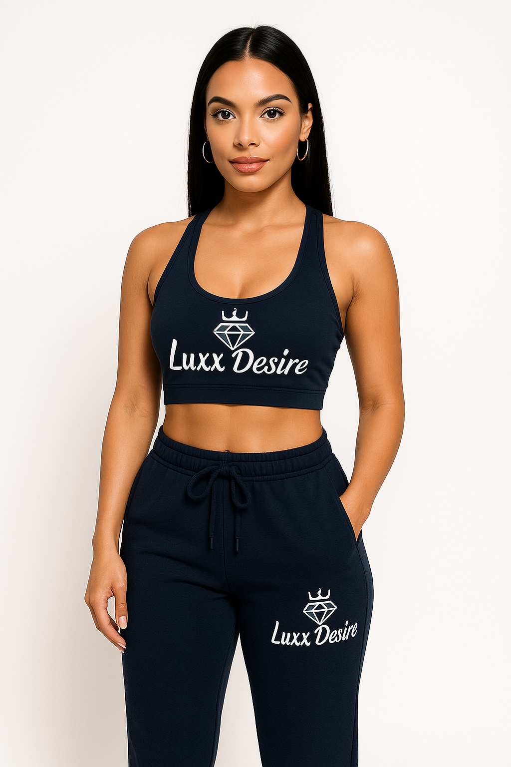 Luxx Desire Women’s Athletic Set – Navy (Sports Bra + High-Waisted Joggers)
