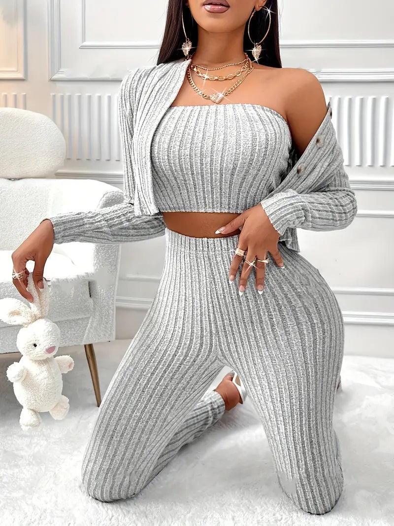 Button-Up Jacket, Crop Top & Skinny Pants