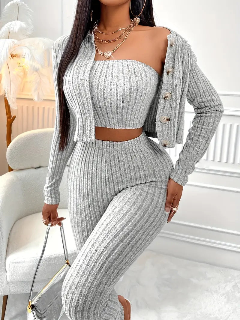 Button-Up Jacket, Crop Top & Skinny Pants