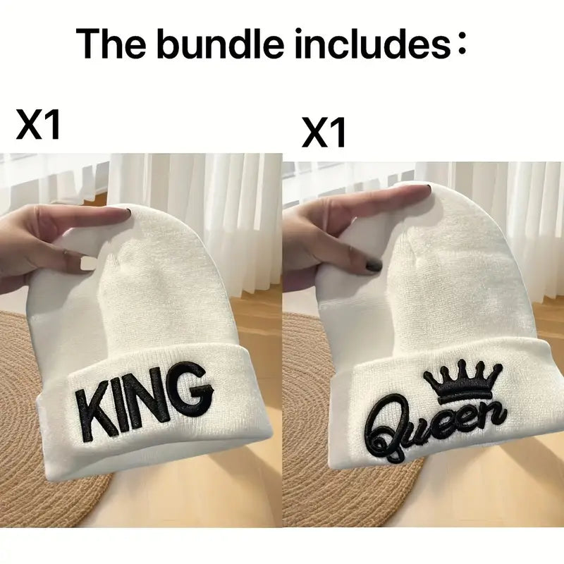 2pcs KING & QUEEN Embroidered Knit Beanies