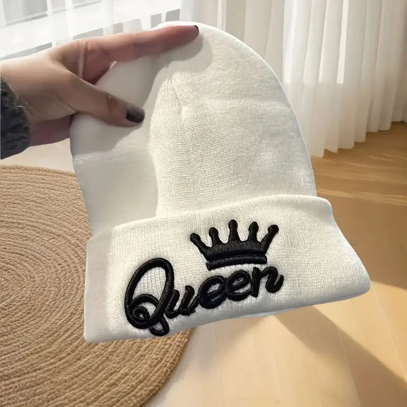 2pcs KING & QUEEN Embroidered Knit Beanies